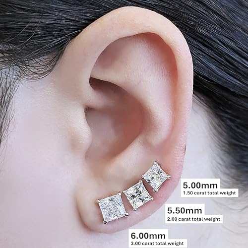 Central Diamond Center 14K Gold Posts & Sterling Silver Princess Cut CZ Stud Earrings Made with Swarovski Zirconia - 6.0mm 3.00cttw - Yellow Gold Plated - Image 3