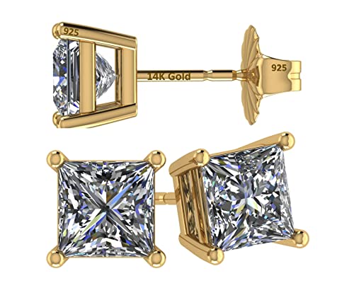 Central Diamond Center 14K Gold Posts & Sterling Silver Princess Cut CZ Stud Earrings Made with Swarovski Zirconia - 6.0mm 3.00cttw - Yellow Gold Plated - Image 1