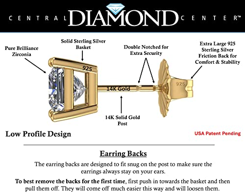 Central Diamond Center 14K Gold Posts & Sterling Silver Princess Cut CZ Stud Earrings Made with Swarovski Zirconia - 6.0mm 3.00cttw - Yellow Gold Plated - Image 2