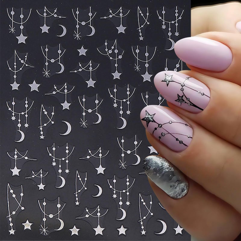 Quezadyl 6Sheets Black Silver Line Nail Art Stickers 3D Self-Adhesive Stars Moon Nail Design Decals Y2K Style Nails Supplies Retro Line Moon Star Manicure Accessories for Women Acrylic Nails Salon Decorations - Image 5