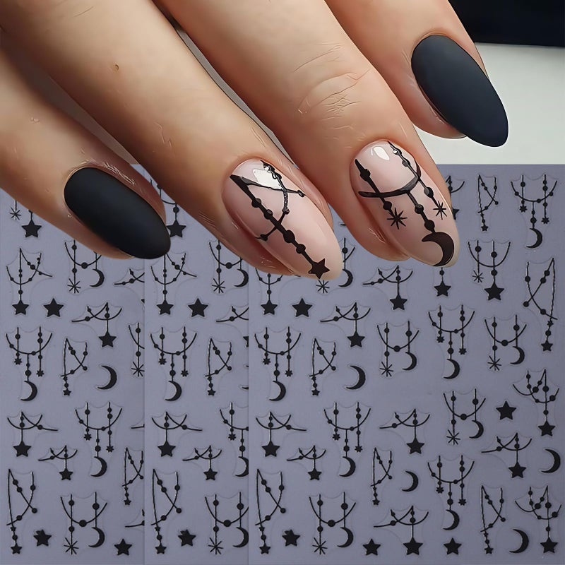 Quezadyl 6Sheets Black Silver Line Nail Art Stickers 3D Self-Adhesive Stars Moon Nail Design Decals Y2K Style Nails Supplies Retro Line Moon Star Manicure Accessories for Women Acrylic Nails Salon Decorations - Image 3