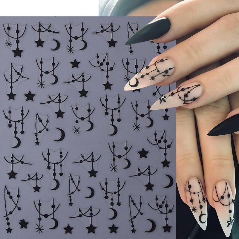 Quezadyl 6Sheets Black Silver Line Nail Art Stickers 3D Self-Adhesive Stars Moon Nail Design Decals Y2K Style Nails Supplies Retro Line Moon Star Manicure Accessories for Women Acrylic Nails Salon Decorations - Image 4