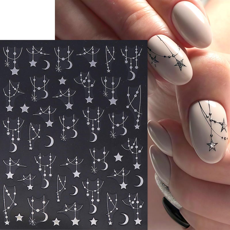 Quezadyl 6Sheets Black Silver Line Nail Art Stickers 3D Self-Adhesive Stars Moon Nail Design Decals Y2K Style Nails Supplies Retro Line Moon Star Manicure Accessories for Women Acrylic Nails Salon Decorations - Image 2