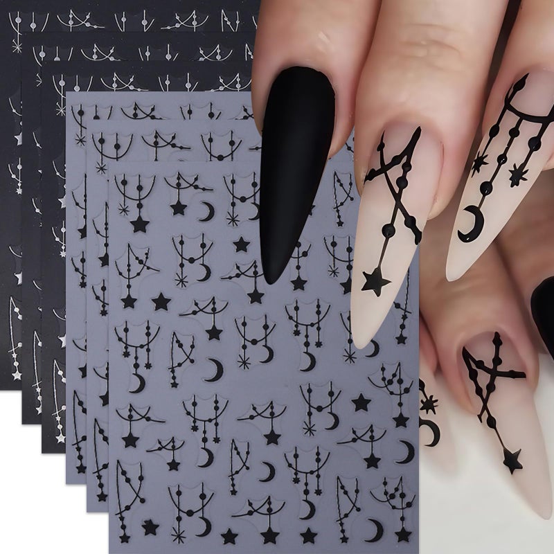 Quezadyl 6Sheets Black Silver Line Nail Art Stickers 3D Self-Adhesive Stars Moon Nail Design Decals Y2K Style Nails Supplies Retro Line Moon Star Manicure Accessories for Women Acrylic Nails Salon Decorations - Image 1