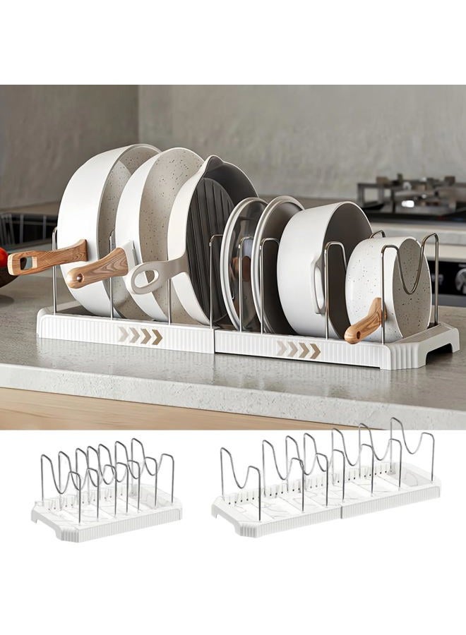 Silanit Expandable Pot and Pan Organizer Rack for Kitchen Cabinet or Under Sink, Adjustable Lid Holder with 7 Dividers, Space-Saving Storage for Renters, Small Homes, and Busy Cooks, White - Image 1
