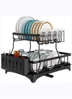 Arabest Dish Rack Dish Drying Stand With Drainer, 2 Tiers Large Kitchen Dish Rack with Removable Utensil Holder and Cup Holder, Stainless Steel Kitchen Dish Drainer Dish Drying Rack Black Dish Stand  - Image 1