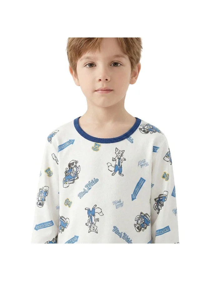 Bidani Boys Cotton  Pajama Set with Otopia Print – White