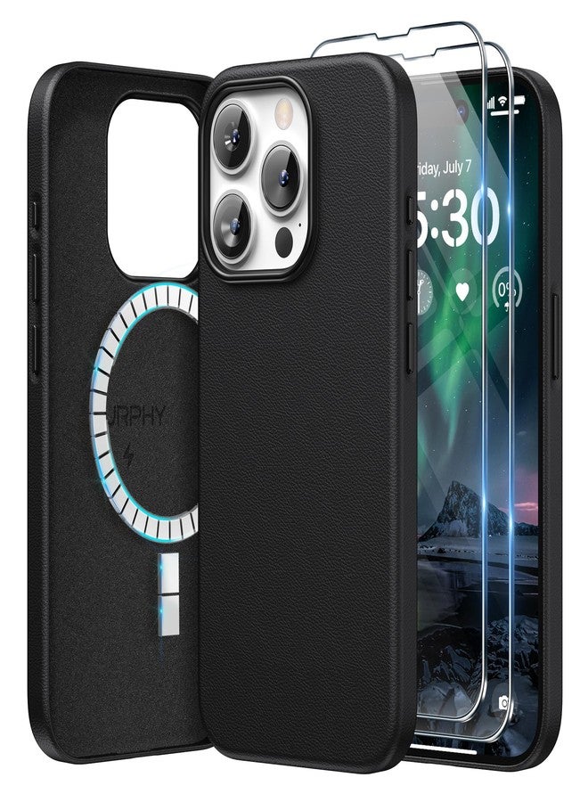 SURPHY Designed for iPhone 15 Pro Leather Case with Screen Protector Compatible with MagSafe, Faux Leather Case (Metallic Buttons & Microfiber Lining) for 15 Pro 6.1 inch 2023, Black - Image 1