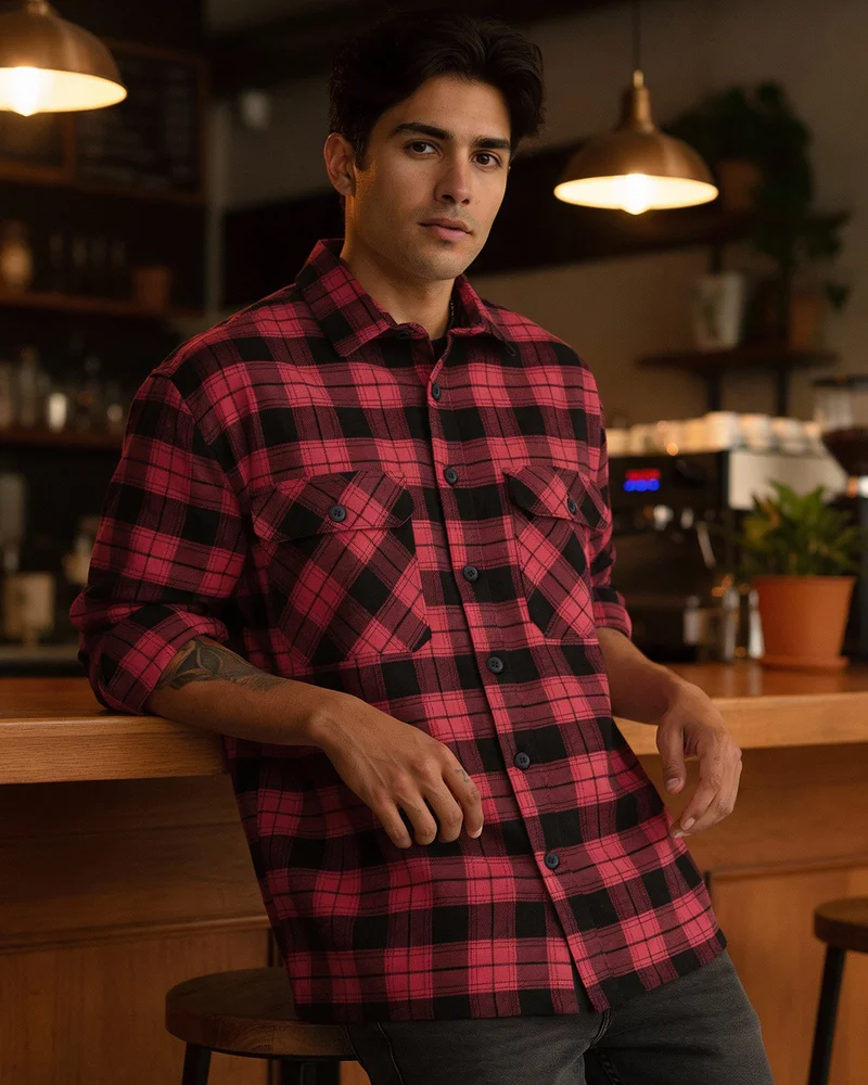 بيواكوف قميص رجالي كبير كاروهات أحمر وأسود