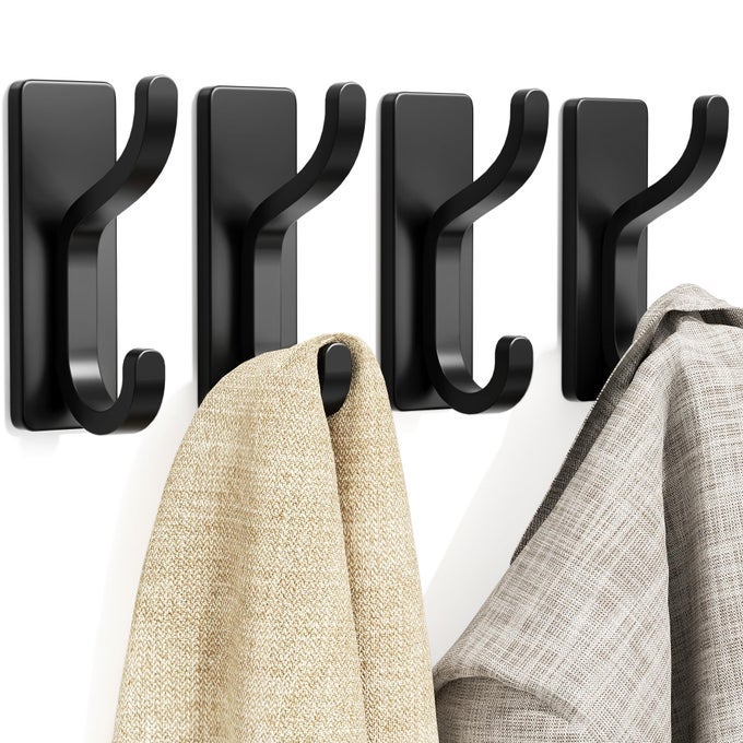 ADHESIVE WALL COAT HOOKS HEAVY DUTY STICKON DOOR HANGER METAL HOOK FOR HANGING TOWELPURSE ROBE BACKPACK JACKET CLOTHES FOR BATHROOMDORM CLOSET KITCHEN BLACK 4 PACK