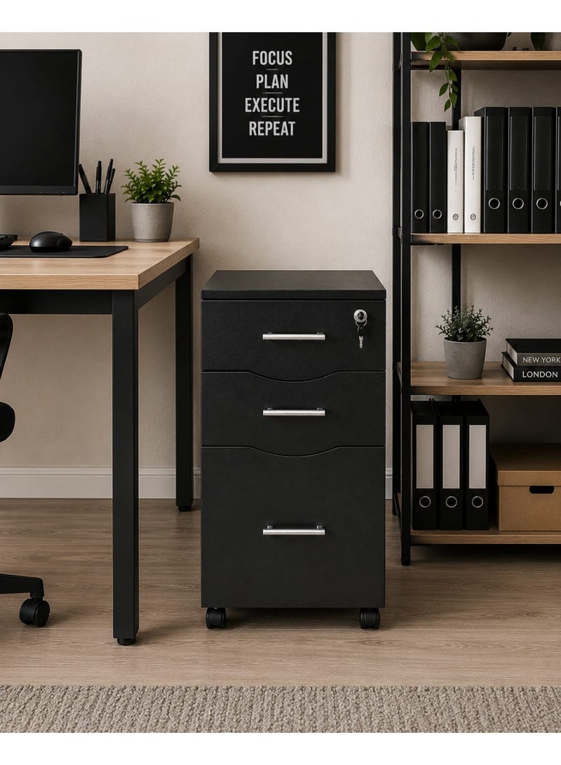 Modern Black Mobile Filing Cabinet with 3 Drawers & Lock - Image 2