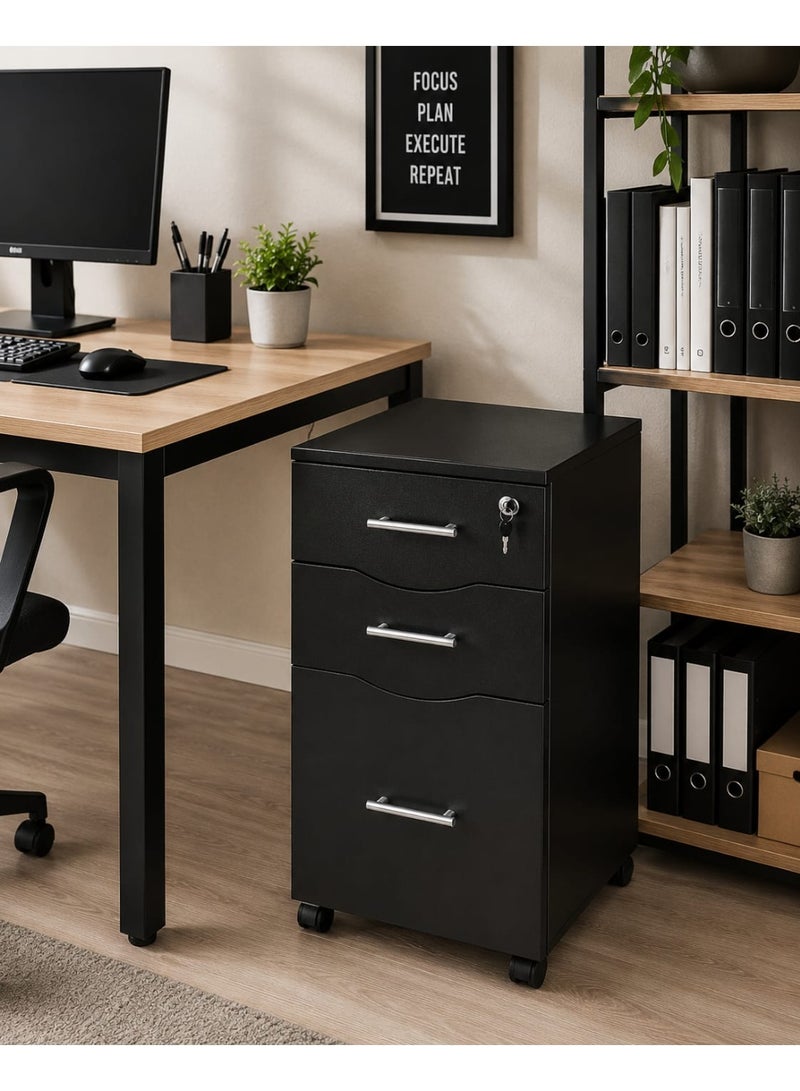 Modern Black Mobile Filing Cabinet with 3 Drawers & Lock - Image 1