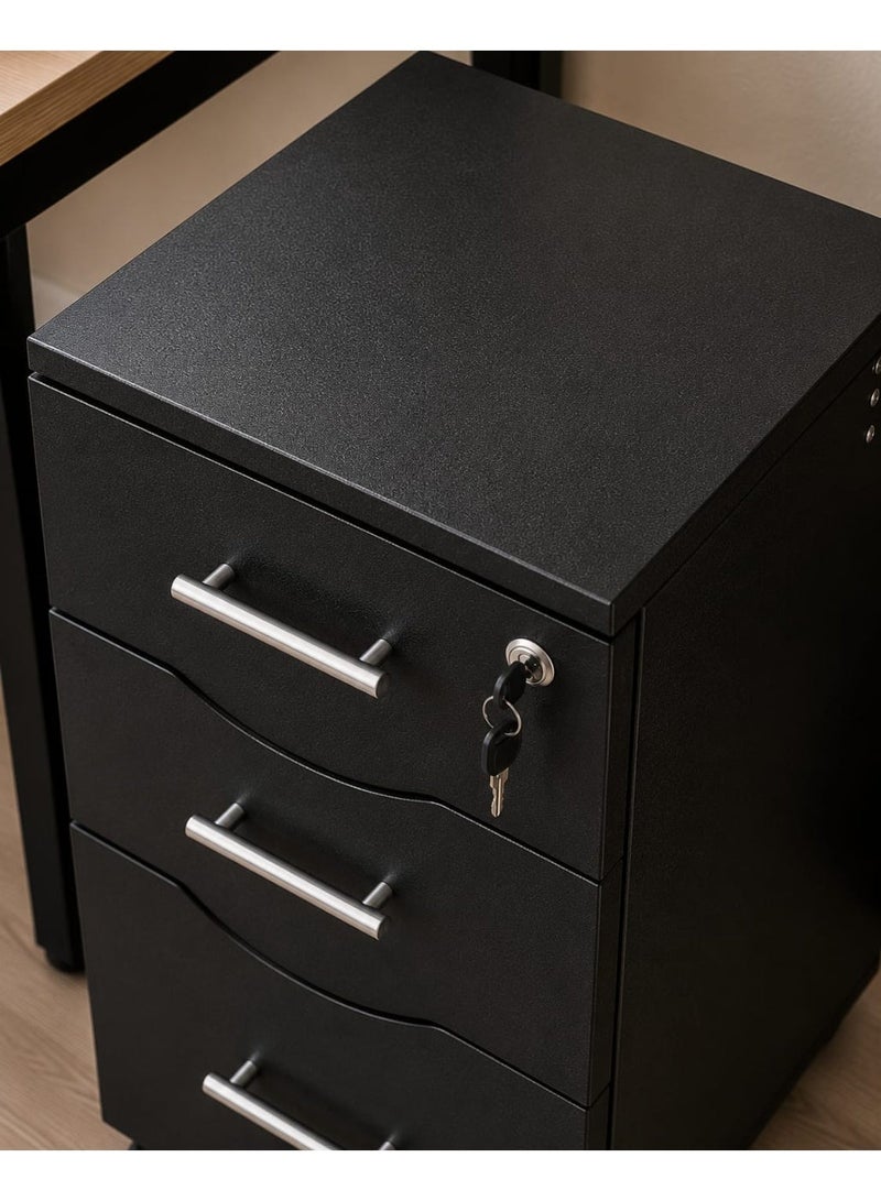 Modern Black Mobile Filing Cabinet with 3 Drawers & Lock - Image 3