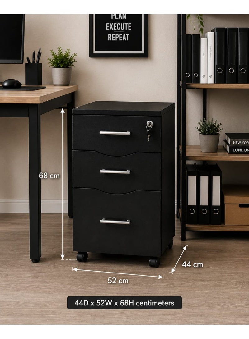 Modern Black Mobile Filing Cabinet with 3 Drawers & Lock - Image 5