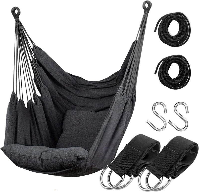 Hatisan Hammock Chair Hanging Rope Swing Seat for Indoor Outdoor, Sturdy Cotton Weave Hammock Swing, Max 300Lbs Hanging Hammock Chair (Pole and Pillows NOT Included, Gray) - Image 1