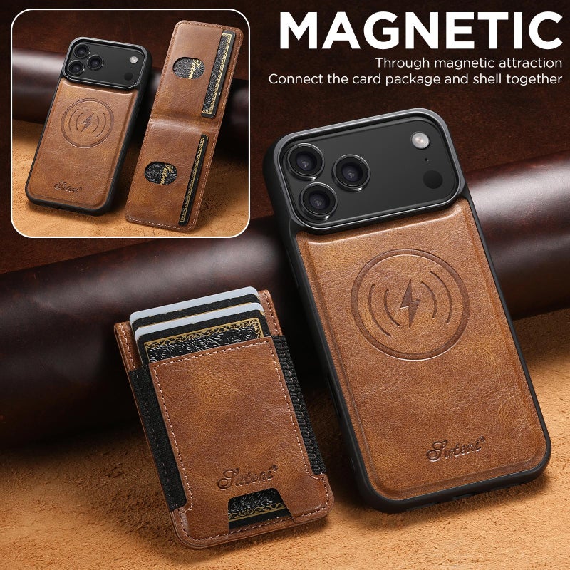 Suteni For Iphone 17 Pro H17 Oil Eax Leather Magsafe Detachable Wallet Phone Case(Brown) - Image 2