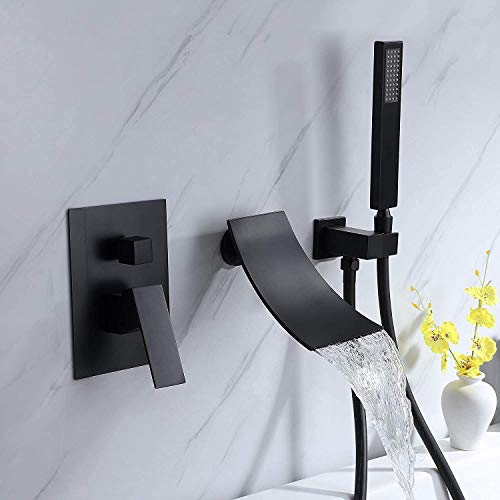 DEOLER Wall Mount Bathtub Faucet with Handheld Shower, Matte Black Single Handle Bathroom Waterfall Tub Filler Solid Brass Tub Shower Faucet Set Rough-in Valve Trim Kit - Image 1