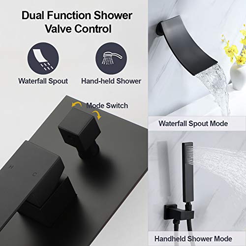 DEOLER Wall Mount Bathtub Faucet with Handheld Shower, Matte Black Single Handle Bathroom Waterfall Tub Filler Solid Brass Tub Shower Faucet Set Rough-in Valve Trim Kit - Image 5