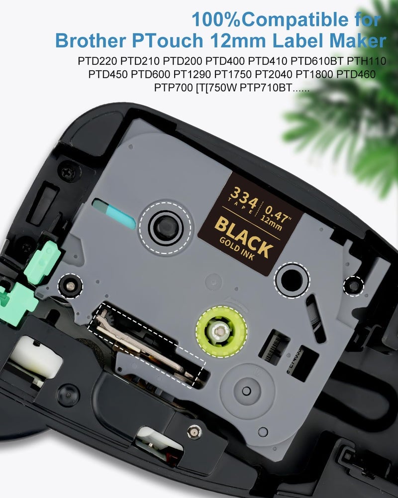 Absonic 4-Pack Tz-334 Gold on Black Label Tape Replace for Brother Tze-334 Tze334 P Touch Tz Tze 12mm 0.47" Laminated Black 1/2 Inch Tape for PTD220 PTH110 PTD210 PTD400 PTP710BT PTD200 Label Maker - Image 2