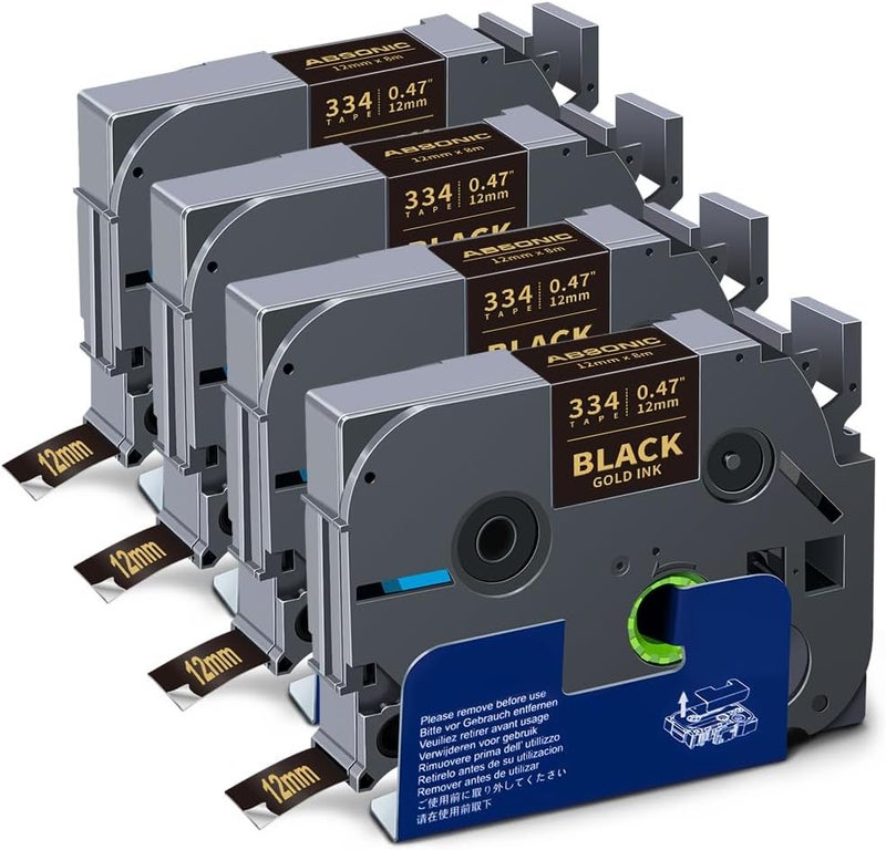 Absonic 4-Pack Tz-334 Gold on Black Label Tape Replace for Brother Tze-334 Tze334 P Touch Tz Tze 12mm 0.47" Laminated Black 1/2 Inch Tape for PTD220 PTH110 PTD210 PTD400 PTP710BT PTD200 Label Maker - Image 1