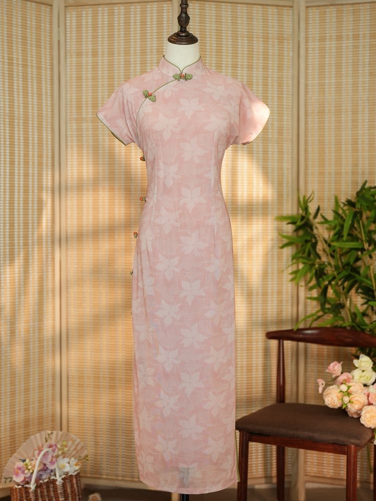 Eroded Bone Cheongsam Long Young Summer Summer Simple Pink Summer Elegant Wear... - Image 5