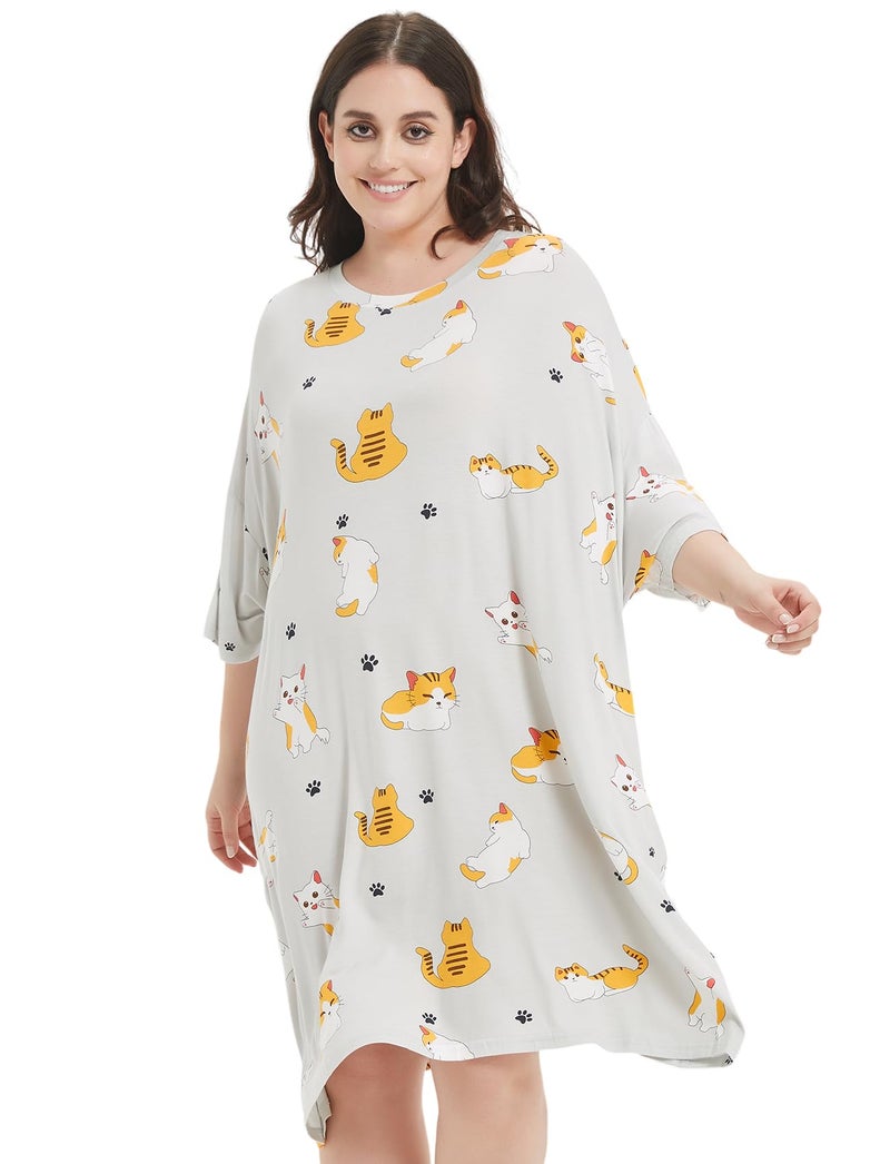KFUBUO Plus Size Nightgowns for Women Oversized Sleep Tshirts Dress Pjs Lounge Short Sleeves Cat Sleepwear With Pocket Fit S-5XL - Image 3