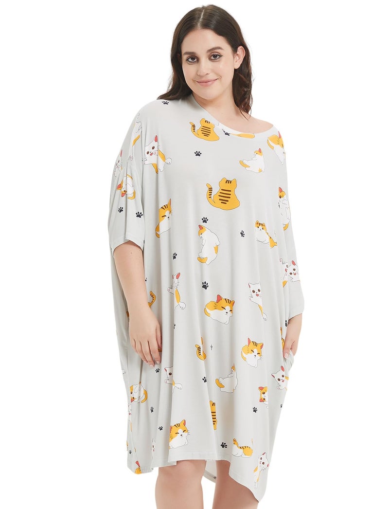KFUBUO Plus Size Nightgowns for Women Oversized Sleep Tshirts Dress Pjs Lounge Short Sleeves Cat Sleepwear With Pocket Fit S-5XL - Image 2