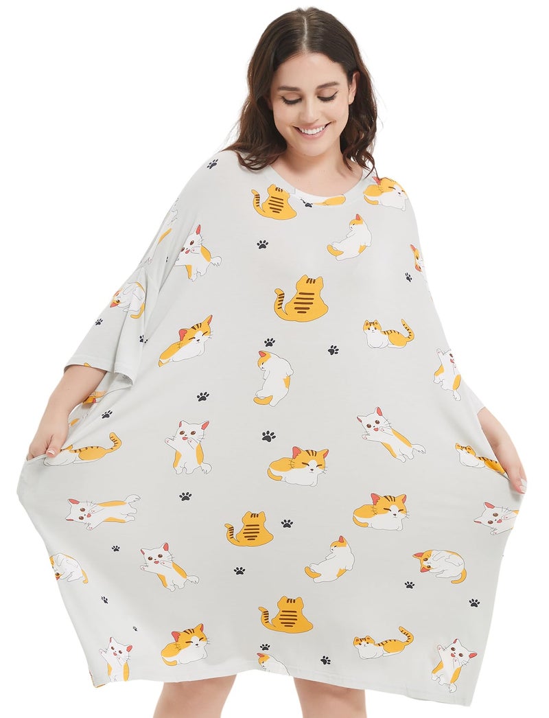KFUBUO Plus Size Nightgowns for Women Oversized Sleep Tshirts Dress Pjs Lounge Short Sleeves Cat Sleepwear With Pocket Fit S-5XL - Image 4