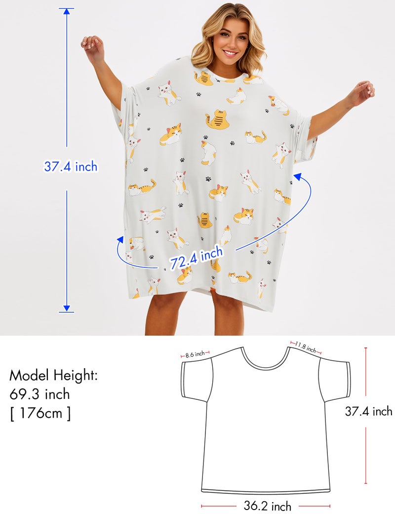 KFUBUO Plus Size Nightgowns for Women Oversized Sleep Tshirts Dress Pjs Lounge Short Sleeves Cat Sleepwear With Pocket Fit S-5XL - Image 5