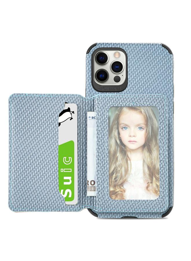 erorex Case For iPhone 12 / 12 Pro Carbon Fiber Magnetic Card Bag TPU+PU Shockproof Back Cover Case with Holder & Card Slot & Photo Frame - Image 1