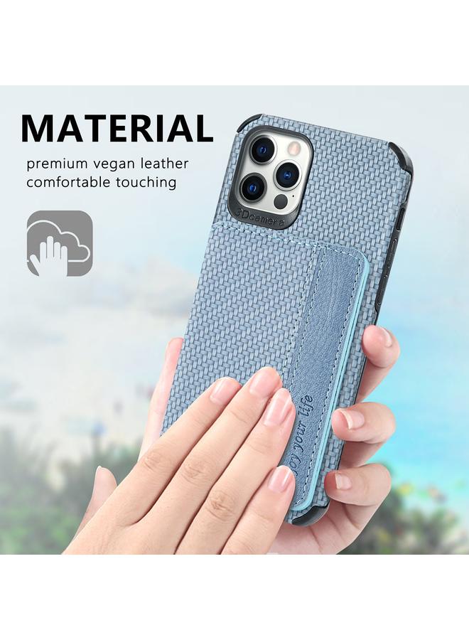 erorex Case For iPhone 12 / 12 Pro Carbon Fiber Magnetic Card Bag TPU+PU Shockproof Back Cover Case with Holder & Card Slot & Photo Frame - Image 5