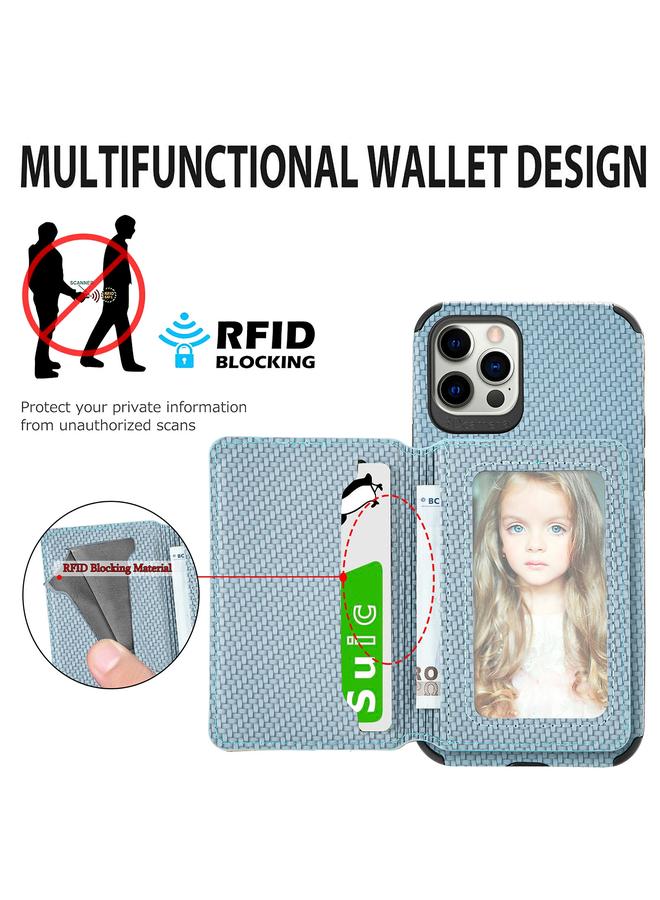 erorex Case For iPhone 12 / 12 Pro Carbon Fiber Magnetic Card Bag TPU+PU Shockproof Back Cover Case with Holder & Card Slot & Photo Frame - Image 4