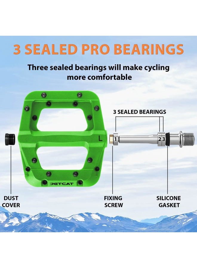 JETCAT Mountain Bike Pedals Flat - MTB Pedals Flat, Bicycle Pedals for BMX/MTN/Road/Gravel/EBike, BMX Pedals, Platform Pedals, Adults & Kids Bike Replacement - Green 9/16 - Image 3