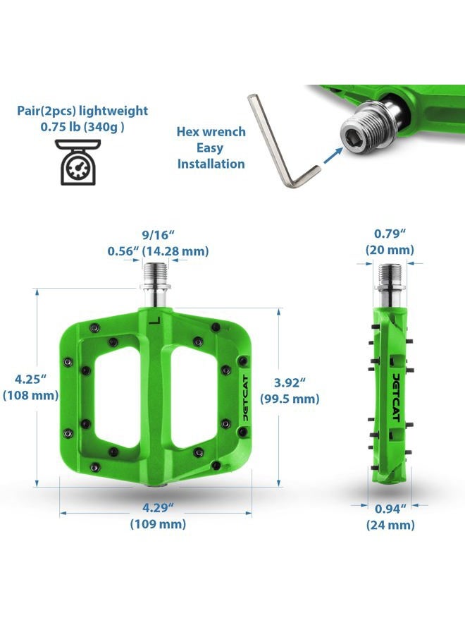 JETCAT Mountain Bike Pedals Flat - MTB Pedals Flat, Bicycle Pedals for BMX/MTN/Road/Gravel/EBike, BMX Pedals, Platform Pedals, Adults & Kids Bike Replacement - Green 9/16 - Image 2