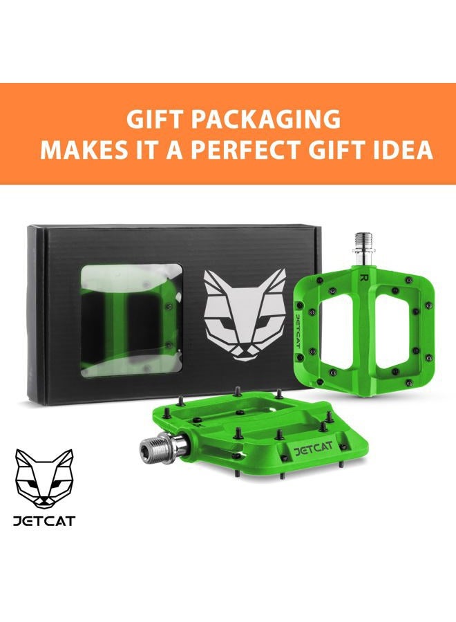 JETCAT Mountain Bike Pedals Flat - MTB Pedals Flat, Bicycle Pedals for BMX/MTN/Road/Gravel/EBike, BMX Pedals, Platform Pedals, Adults & Kids Bike Replacement - Green 9/16 - Image 4