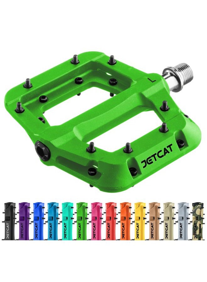 JETCAT Mountain Bike Pedals Flat - MTB Pedals Flat, Bicycle Pedals for BMX/MTN/Road/Gravel/EBike, BMX Pedals, Platform Pedals, Adults & Kids Bike Replacement - Green 9/16 - Image 1