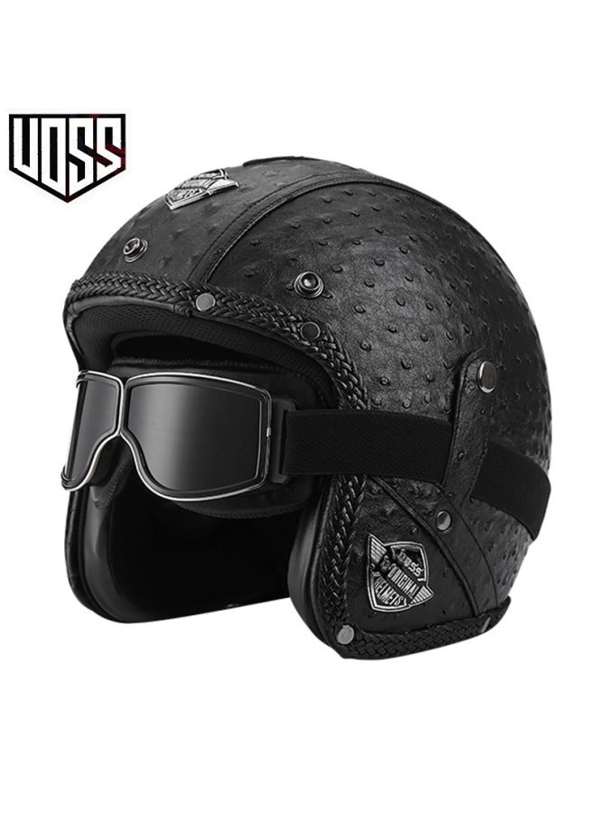 Voss Black Pineapple Prince Mirror Retro 3/4 Leather Helmet for Men and Women