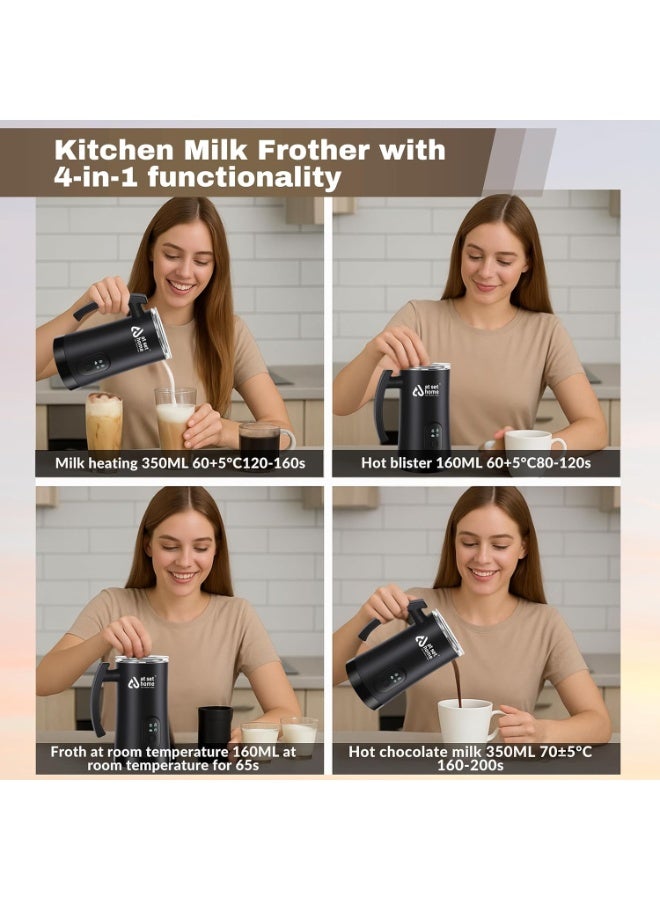 At Set Home Electric Milk Frother 4-in-1 | Milk Warmer & Foam Maker for Cappuccino, Latte & Hot Chocolate | Hot & Cold Froth, Non-Stick Interior, Auto Shut-Off, 500W | 350ml | Black - Image 2