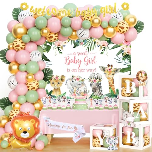 Fiesec Safari Baby Shower Decorations for Girl Jungle Themed Dcor Backdrop Balloon Garland Arch Artificial Leaves Box Cutout Glitter Banner Cake Topper Sash Lion Cheetah Giraffe Pink 140 PCs - Image 1