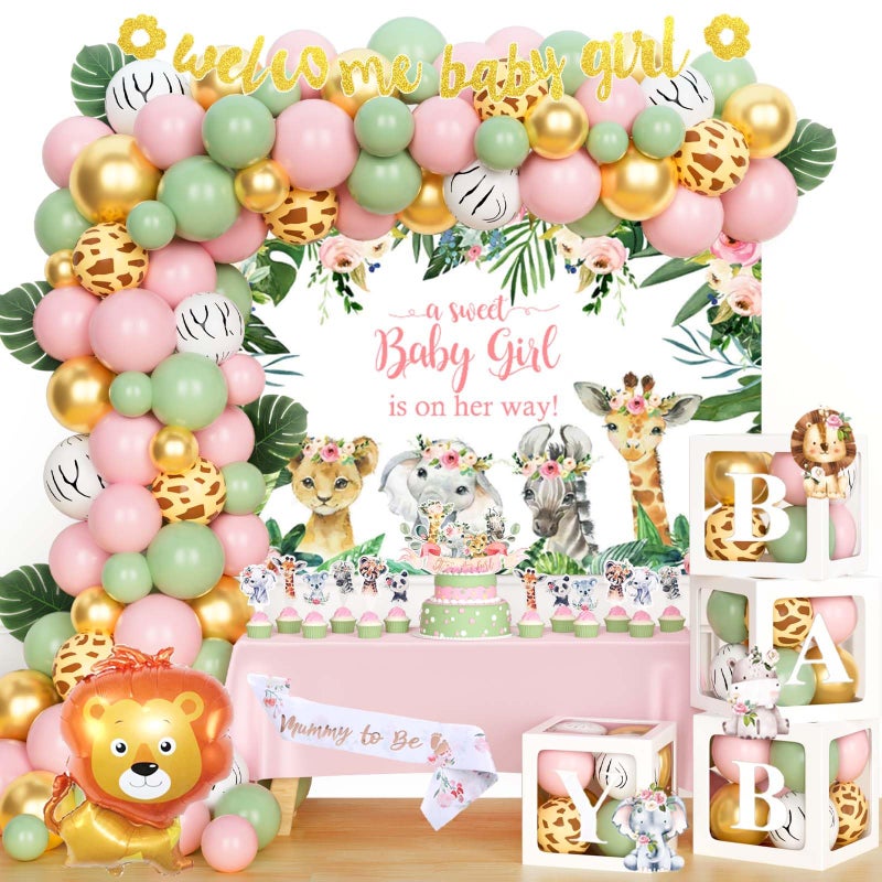 Fiesec Safari Baby Shower Decorations for Girl Jungle Themed Dcor Backdrop Balloon Garland Arch Artificial Leaves Box Cutout Glitter Banner Cake Topper Sash Lion Cheetah Giraffe Pink 140 PCs - Image 2