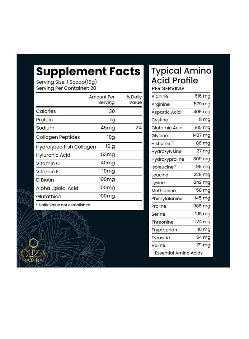 Oliza Natural Marine Collagen Peptides Powder With Glutathione 200gm Unflavored | Advanced Formula With Biotin ,Hyaluronic Acid, Vitamin E, Vitamin C & Alpha Lipoic Acid For Radiant Skin and Stronger Hair  - Image 2