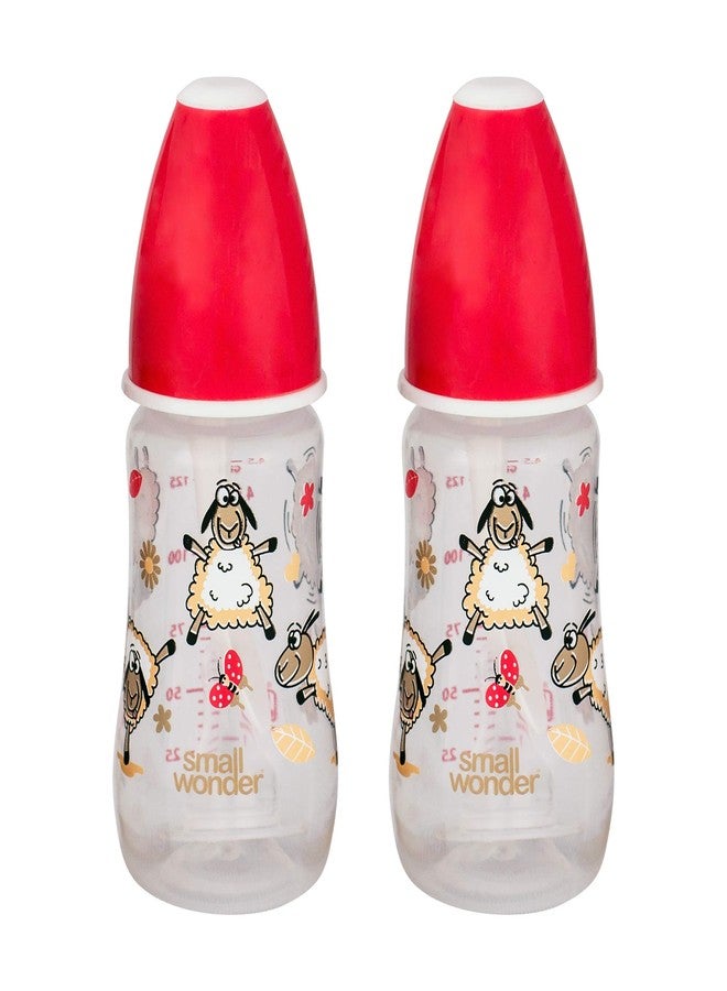 Small Wonder Baby Feeding Bottle Slim Neck Candy 125 ml Pack of 2, Animal & Birds Print, with Anti Colic Nipple with Feeding Spoon, New Born/Infants/Toddler Upto 3 Years, BPA Free, Red Colour - Image 1