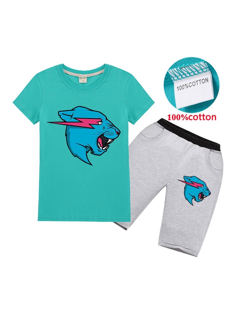 Mr Beast Lightning Cat Tee T-shirt Pants Unisex Kids Short Sleeve Stylish Cartoon Graphic Set  - Image 1
