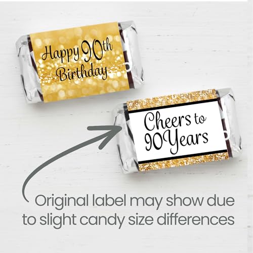 DISTINCTIVS Black and Gold 90th Birthday Party Mini Candy Bar Wrappers, 90th Birthday Decorations - 42 Stickers - Image 4