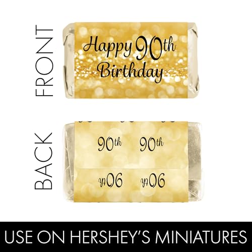 DISTINCTIVS Black and Gold 90th Birthday Party Mini Candy Bar Wrappers, 90th Birthday Decorations - 42 Stickers - Image 3
