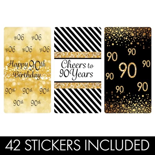 DISTINCTIVS Black and Gold 90th Birthday Party Mini Candy Bar Wrappers, 90th Birthday Decorations - 42 Stickers - Image 5