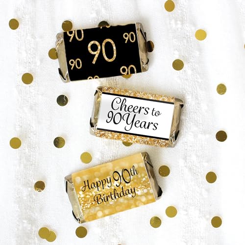 DISTINCTIVS Black and Gold 90th Birthday Party Mini Candy Bar Wrappers, 90th Birthday Decorations - 42 Stickers - Image 2