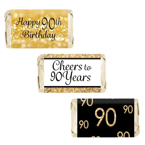 DISTINCTIVS Black and Gold 90th Birthday Party Mini Candy Bar Wrappers, 90th Birthday Decorations - 42 Stickers - Image 1