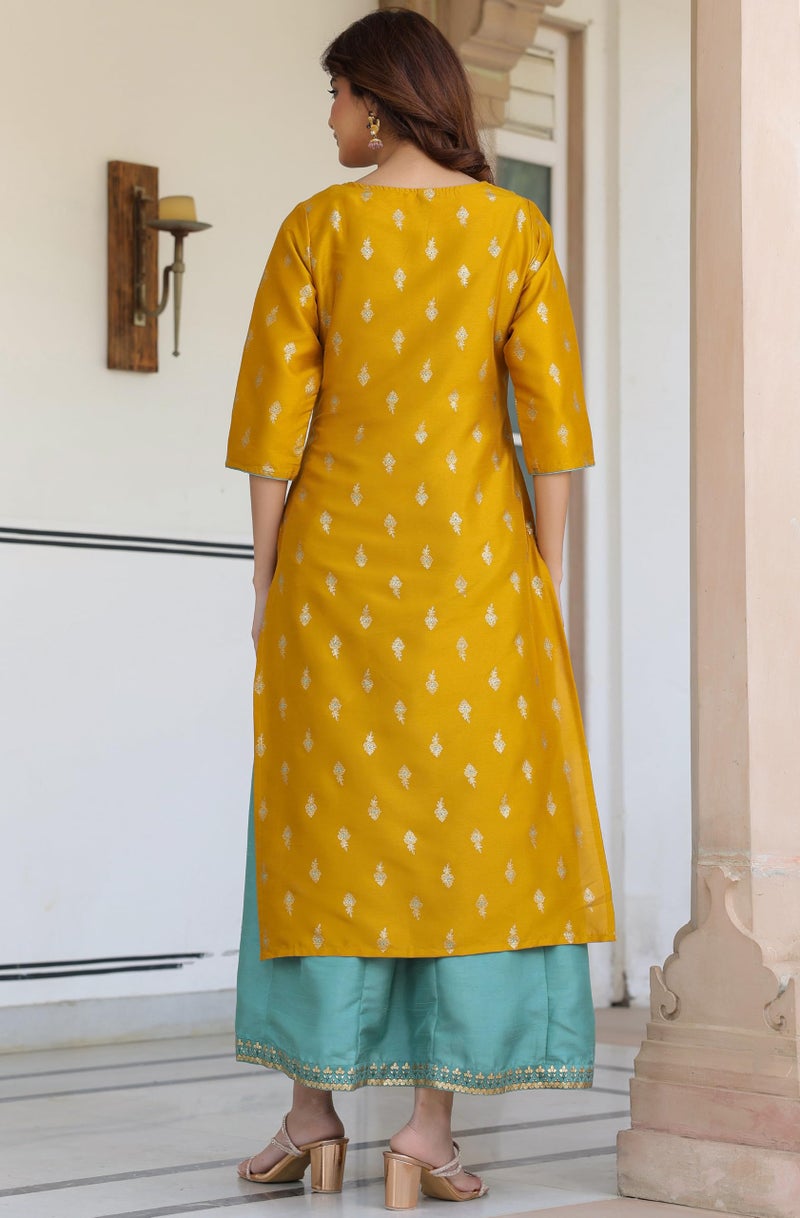 Janasya Women's Mustard Silk Blend Gold Print Anarkali Ethnic Dress (J0006-SET-RE-M) - Image 4