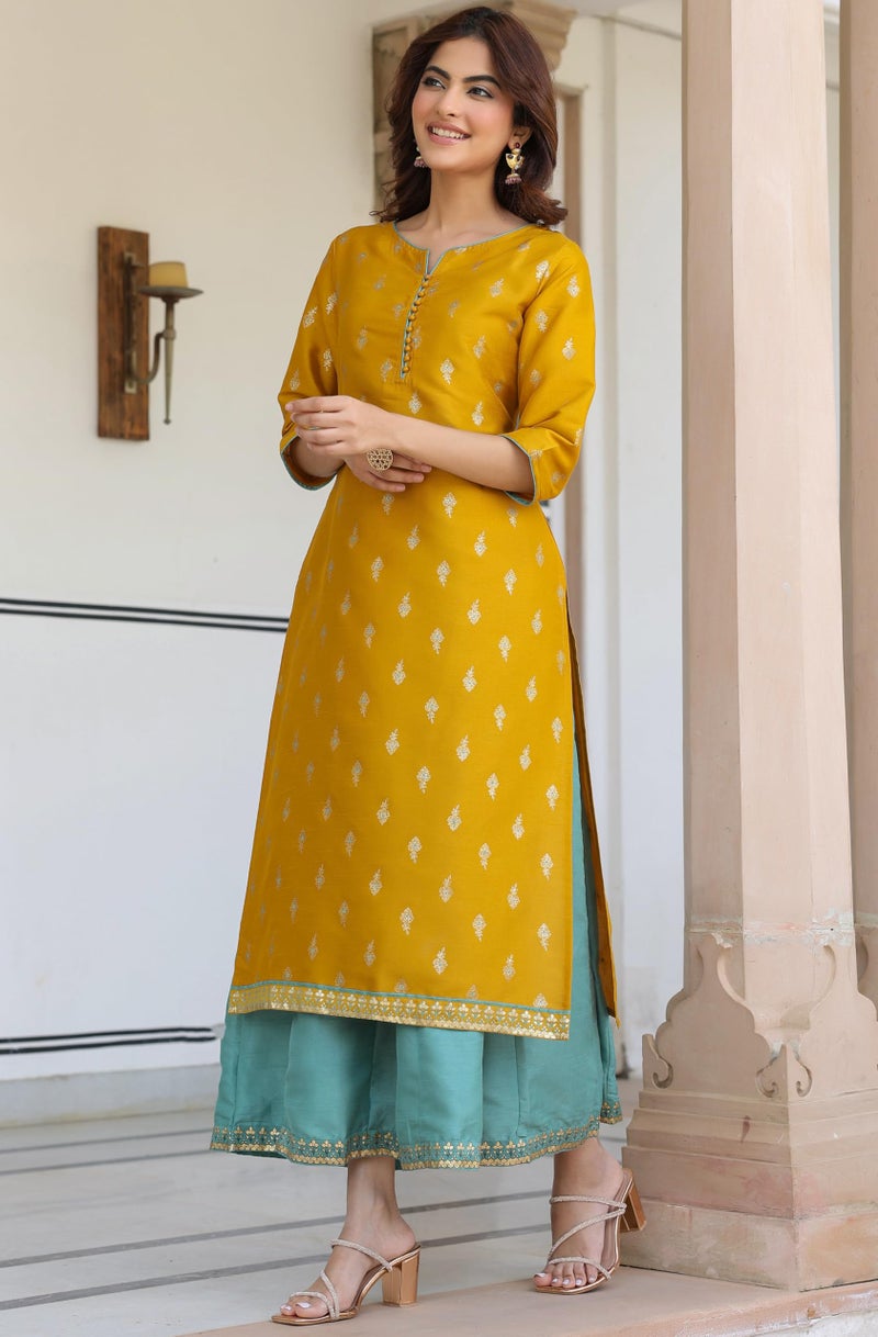 Janasya Women's Mustard Silk Blend Gold Print Anarkali Ethnic Dress (J0006-SET-RE-M) - Image 5